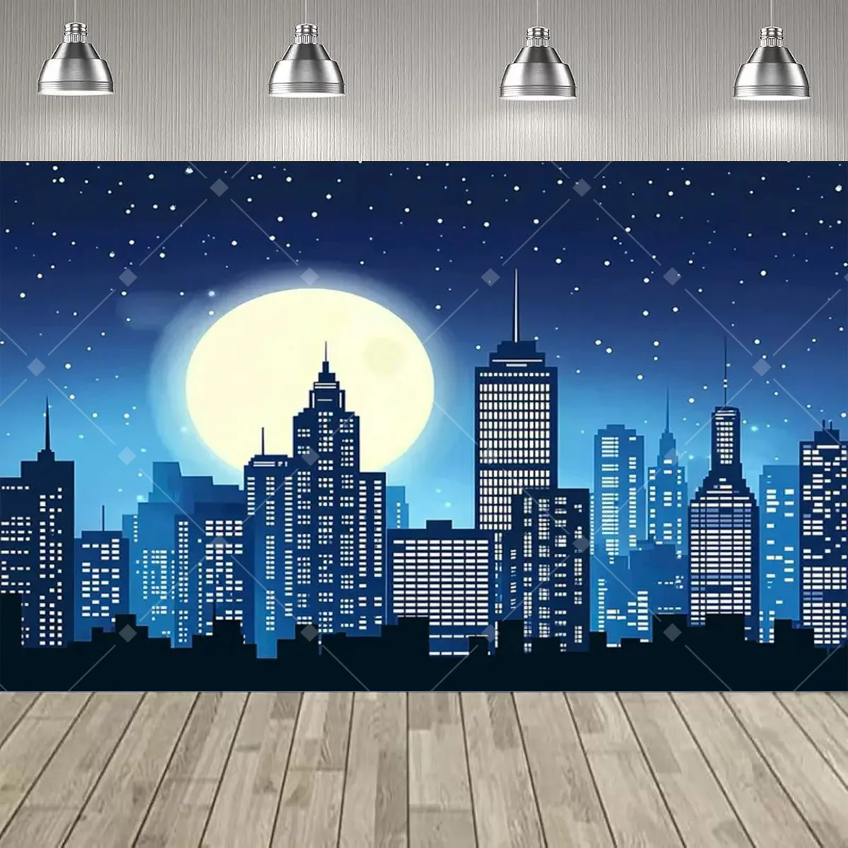 קישוטי יומולדת של גיבורי העיר הסופר, רקע למסיבת יומולדת בסגנון קומיקס עם נושא נוף העיר והקווי השמיים, ציוד למסיבת יומולדת דגל