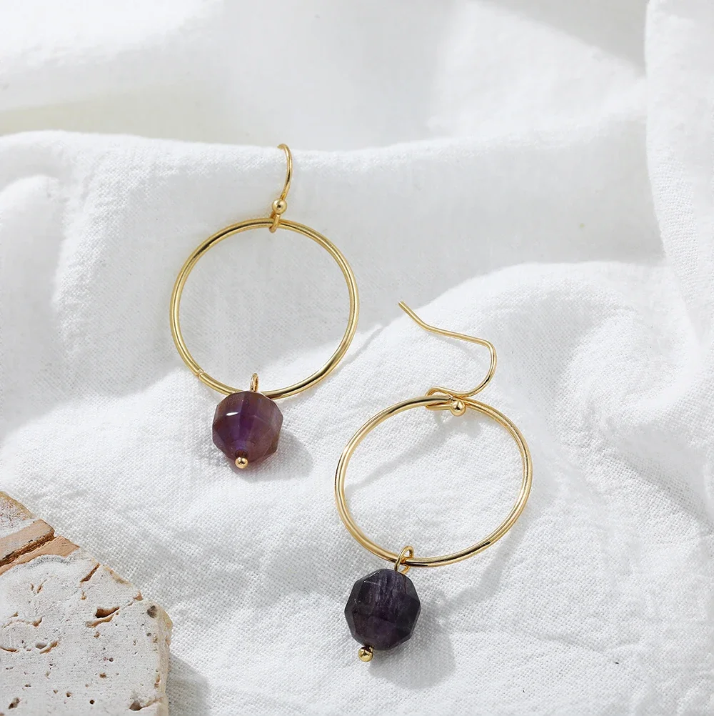 Punk Purple Natural Stone Crystal Circle Hoop Earrings Gold Plated Big Round Huggies Ear Hoops Everyday Versatile Jewelry Bijoux