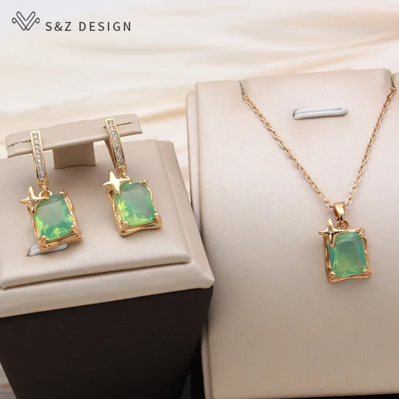 S&Z DESIGN New Fashion Rectangle Green Artificial Crystal Pendant Necklace For Women Trendy Elegant Collarbone Chain Jewelry