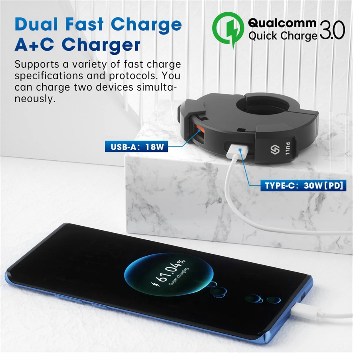 자전거 디지털용 방수 핸들바 장착 브래킷 충전기, QC3.0 오토바이 USB 고속 충전기, 30W