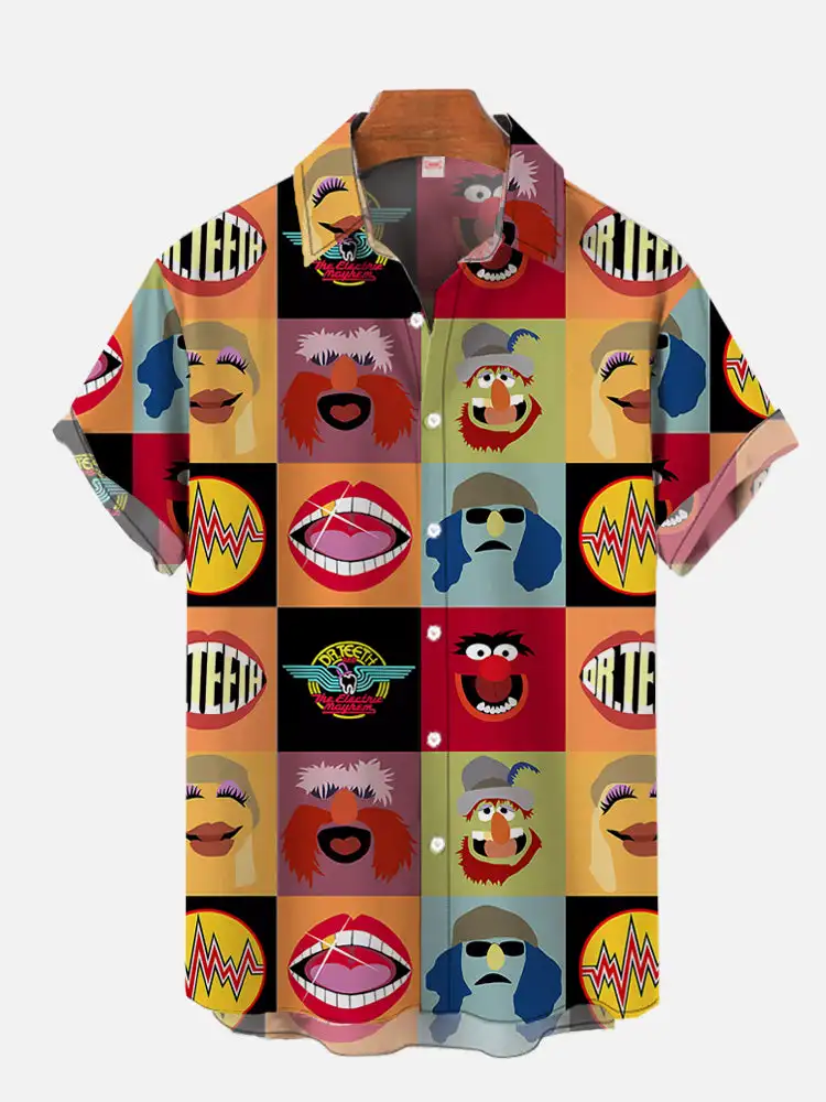 Cartoon Animated Characters Summer Classic Style Patchwork Retro Hawaii Shirt Colorful Geometric Color Print Short Floral Blouse 5