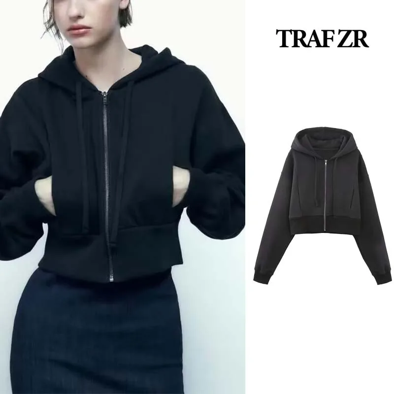 

TRAF ZR New in Hoodies & Sweatshirts Hooded Zip-up Pullovers Y2k Outerwear Harajuku Long Sleeve Thick Fleece-lined Sweatshirt