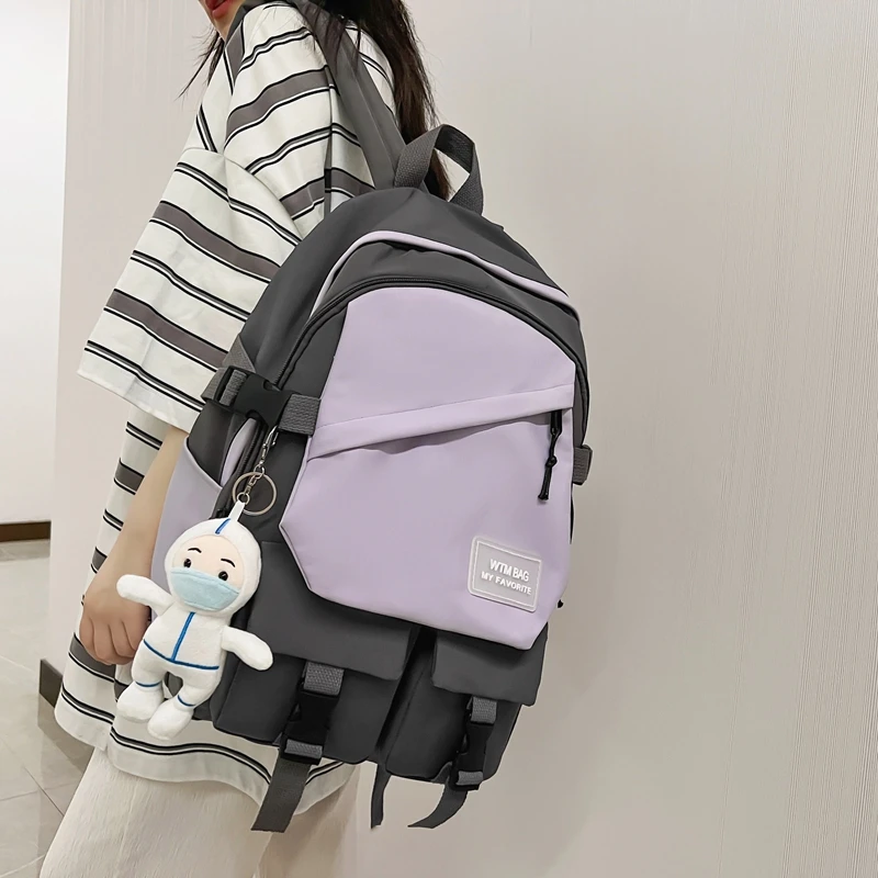 

Multipocket Nylon Waterproof Women Backpack 2022 Kawaii Contrast Color Student Rucksack Preppy Style Schoolbag for Girl Book Bag