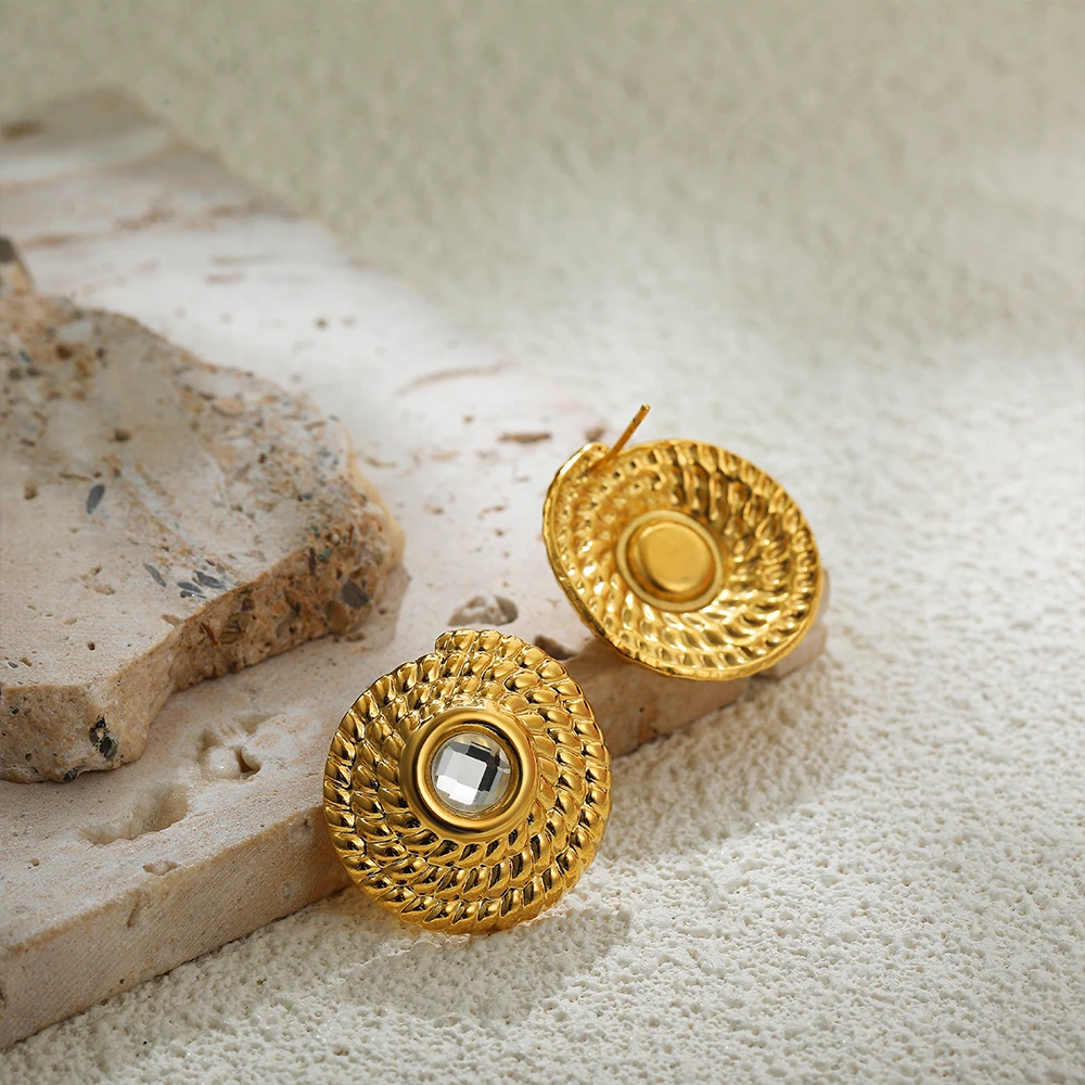 Stainless Steel 18K Gold Plated Thread Texture Tound Earrings Plated Rust Proof Temperament Stylish Charm Jewelry Gifts Серьги