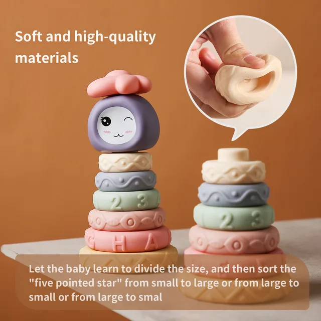 1set Silicone Building Block Toys Silicone Ring Star Bpa Free Cartoon Flower Mushroom Child Game Montessori Toy Stacking Blocks 2