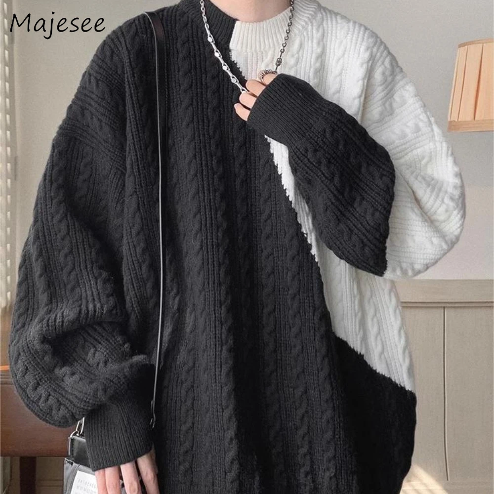 

Winter New Pullovers Men Stylish Patchwork Panelled Twist Long Sleeve Sweaters Knitwear Baggy Casual Ulzzang Gentle Slouchy Chic