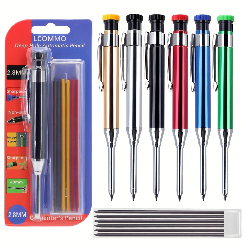 2PCS/Card Metal Woodworker Pencil 2.8mm  Carpenter Mechanical Pencil Capable of Deep Hole Marking With Sharpener 2B Leads