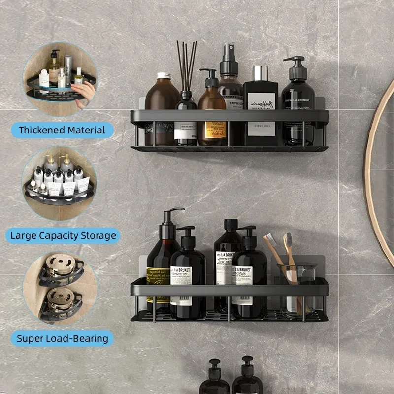 Bathroom triangular basket suction cup wall mounted space aluminum shower room triangular non perforated bathroom corner shelf 1