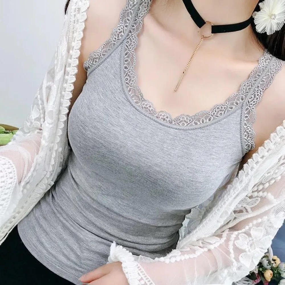 Casual U Neck Summer Tank Tops Sleeveless With Lace Cami Top Shirt Underwear Slim Vest Corset for Women