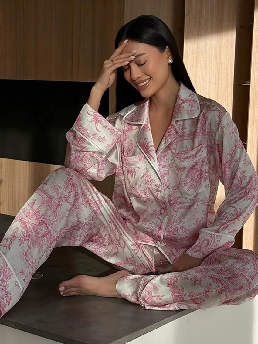 Marthaqiqi Fashion Women'S Nightwear 2 Piece Set Long Sleeve Pajamas Sexy Turn-Down Collar Sleepwear Pants Loose Nightgowns Suit