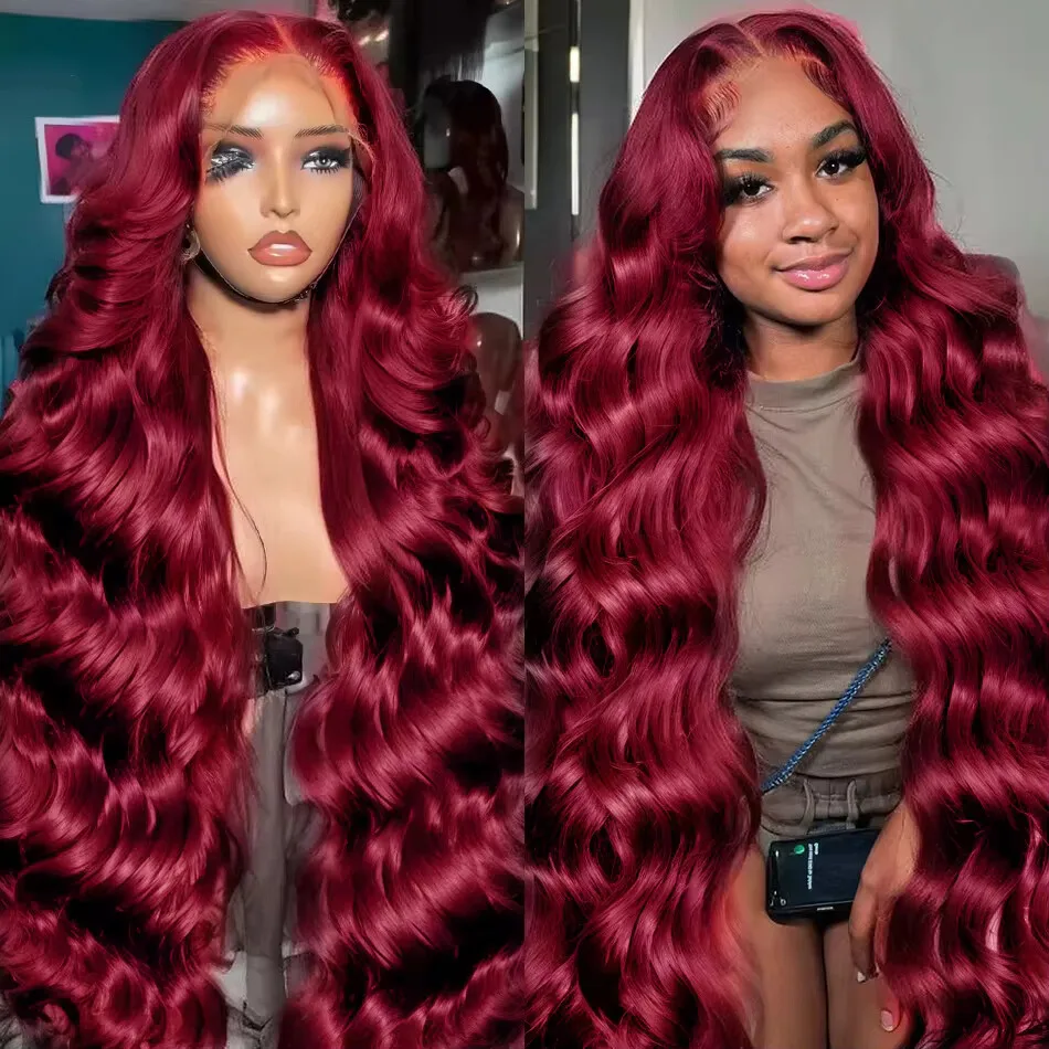 Burgundy 99J 46 Inch Body Wave Human Hair Wig 13x6 HD Transparent Lace Frontal Wigs 200 Density Burgundy Colored Remy For Women