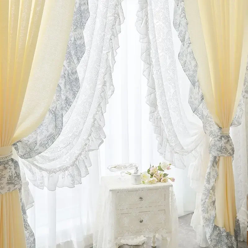 

Princess Style Curtains for Living Dining Room Bedroom French Cream Chiffon Romantic Vintage Translucent Impermeable Lace