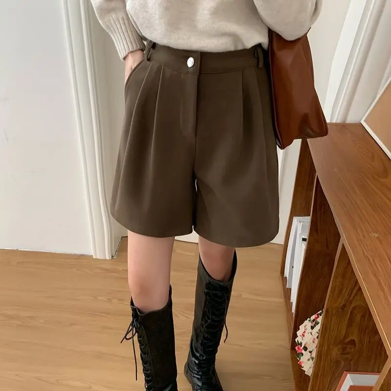 

DAYIFUN High Waisted A-line Wide Leg Woolen Shorts Women Autumn Winter Retro Oversize Quarter Pants Loose Versatile Short Pants