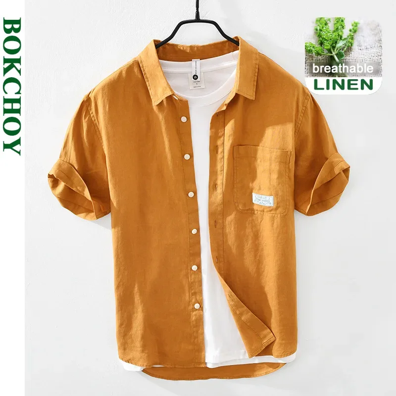Men Pure Linen Short-sleeved Shirt Spring Summer Fresh Literature and Art Leisure Square Neck Linen Top Workwear CM3023 casual short sleeved shirt linen shirt short sleeved shirt