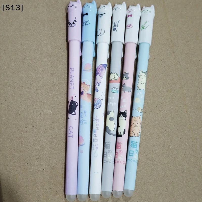 6Pcs 학생 교사 선물 0.5mm 귀여운 고양이 꼬리 지울 수있는 젤 펜 세트 블루 매직 리필 학교 사무실 카와이 쓰기 문구 Q @