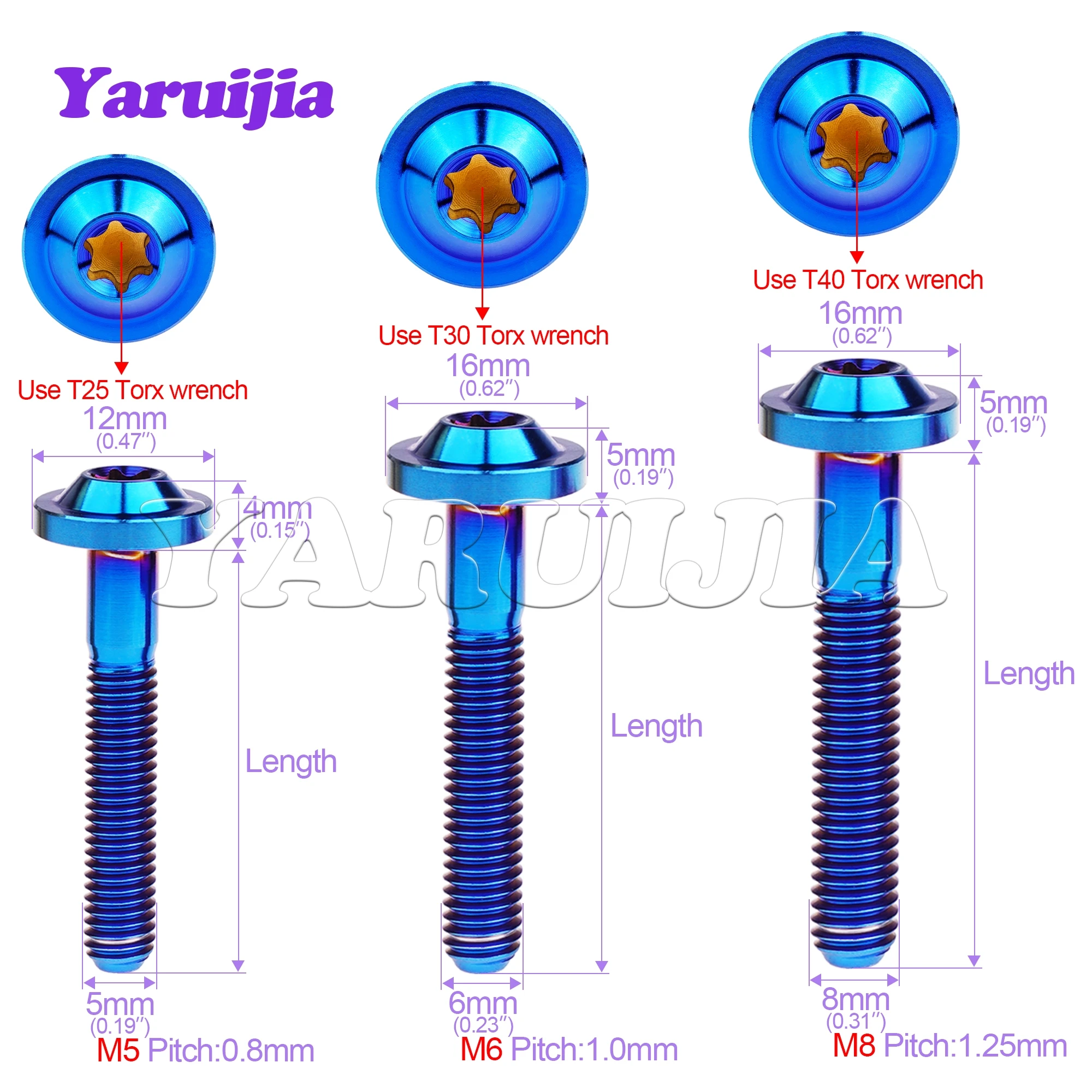 Titanium Bolts Yaruijia Titanium Bolts M5/M6/M8x10/12/15/20/25/30/35/40/50/60/70mm Torx Head Screws For Motorcycle Riding Modification Fasteners