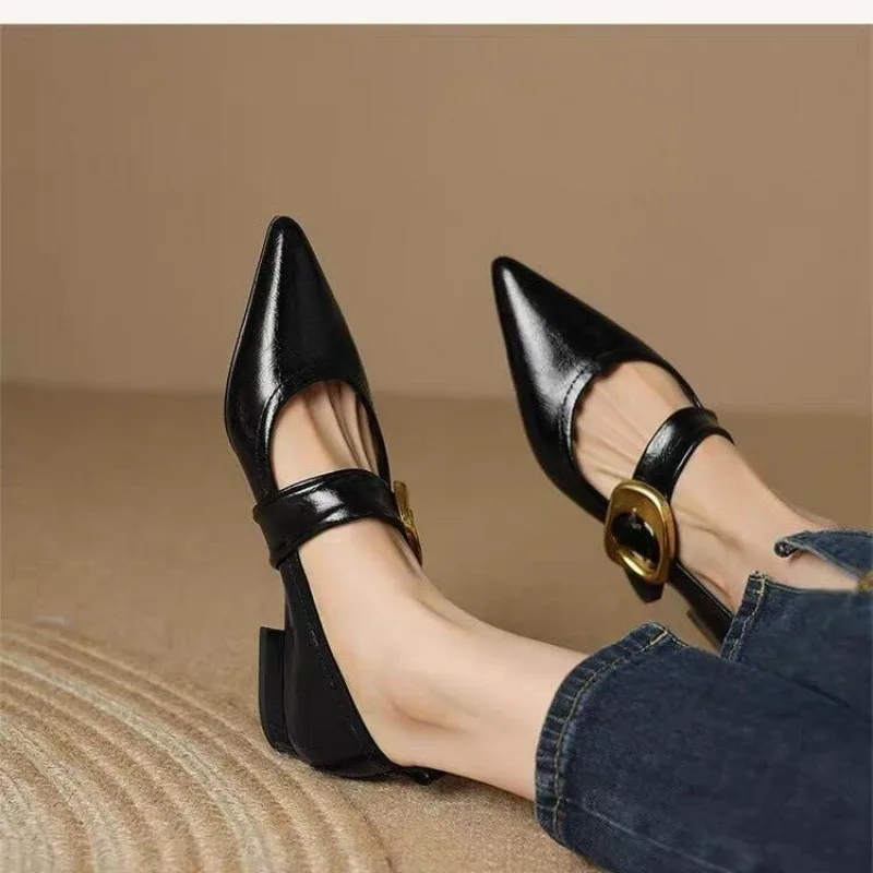 2024 New Flat Bottom Temperament Women's Single Shoes Autumn Pointed French One Button Mary Jane Soft Sole Shoes for Women 35-40 2