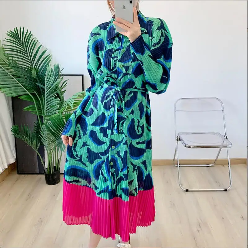 

Woman Pleated Dress Print Hit Color Lady Elegant Turn Down Collar Long Sleeve Slim Casual Dresses Women 2022 New Autumn w386