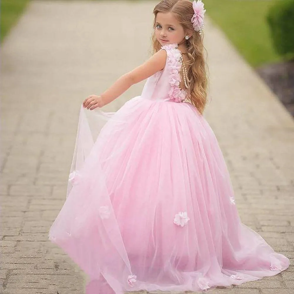 

Flower Girls Dresses Lovely Pink Sheer Neck Pearls Ball Gown Tiers Tulle Lilttle Kids Birthday Pageant Wedding Communion