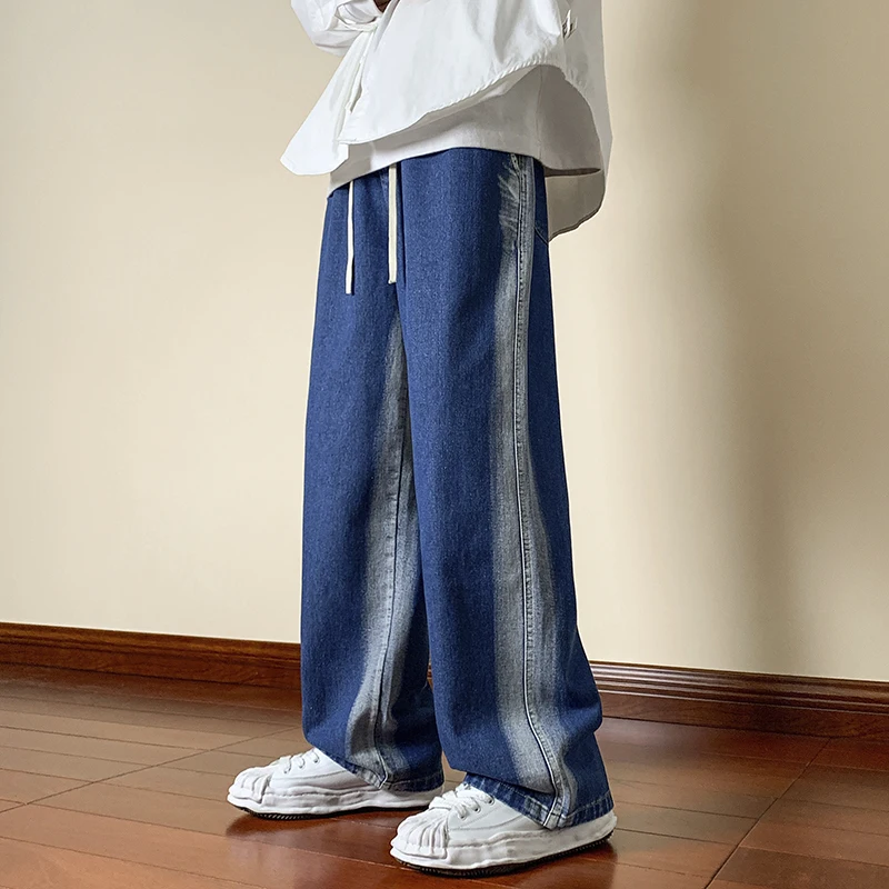 

Men's Vintage Distressed Baggy Jeans Loose Straight Wide Leg Pants Hip Hop Streetwear Neutral Drawstring Denim Trousers Male