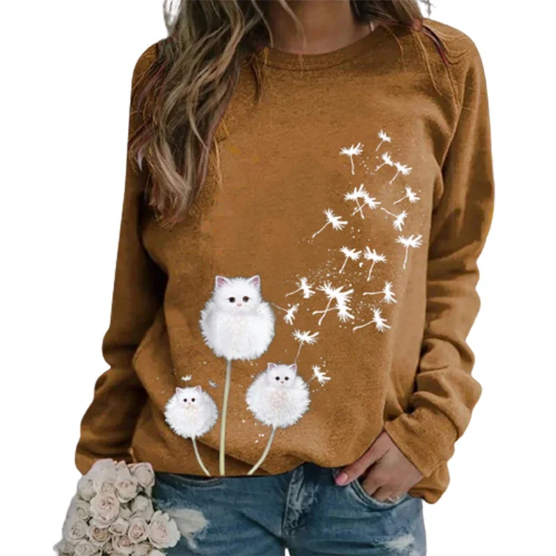 Cute Style Dandelion Kitty Print Women Sweatshirt Autumn Winter Winter Comfortable Casual Tops Female O Neck Long Sleeve Hoodie