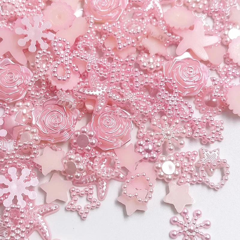 100pcs Pink ABS Resin Half Round flower Bow Alien Pearls For Art Flatback Non Hotfix Rhinestones Pearl Shoes Beads DIY