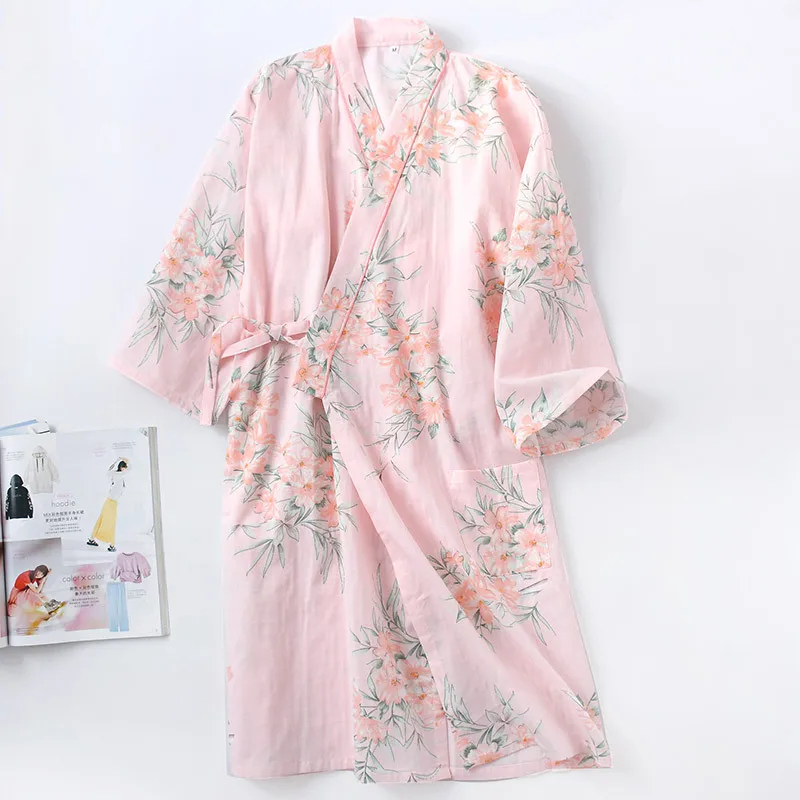 Half Sleeve Cotton Kimono Bathrobe Women's Nightgown Spring and Summer Floral Printed Lace Up Sweatshirt Night Gown