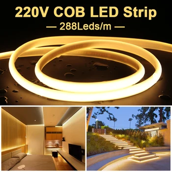 288 LED/M COB LED 스트립 조명 220V 유연한 테이프 IP65 방수 EU 전원 플러그 1-50m 정원 조명 장식, 유연한 테이프 조명