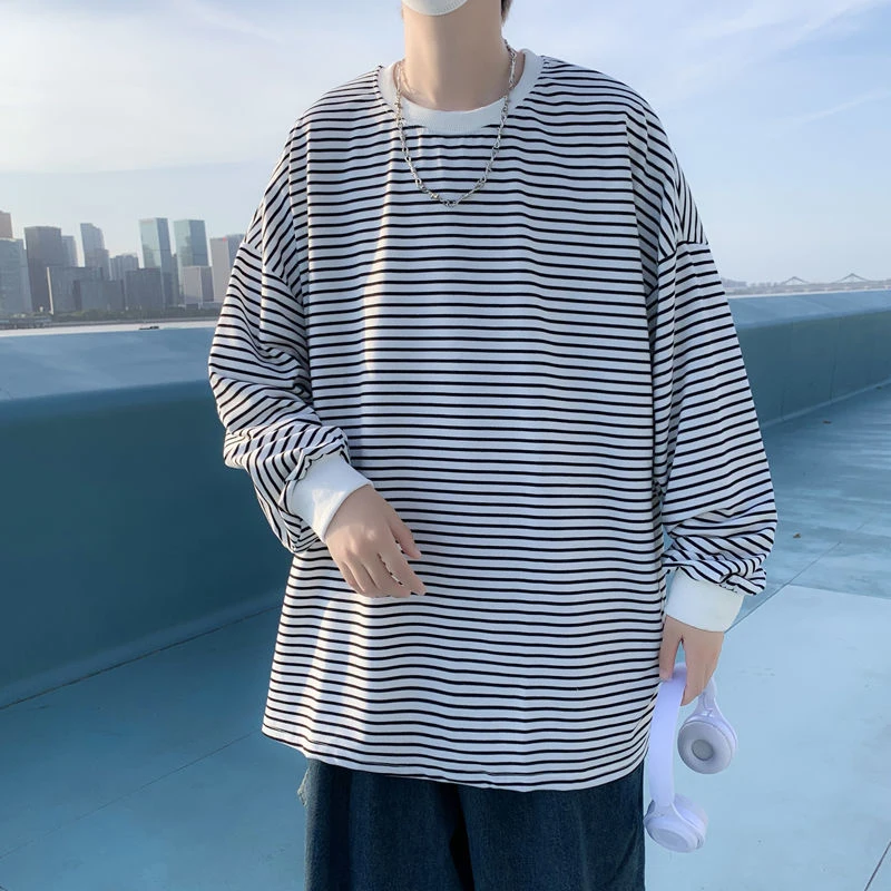

Striped Print Long Sleeve O Neck Men T Shirts Fashion Casual Harajuku Teenagers Oversized Autumn Inside Clothing Tops Black Grey