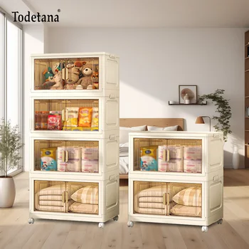 Plastic Folding Storage Cabinet with Lid Wheels, Large Capacity Stacked Home Organization Containers Clothes Toys Kitchen Bins 2