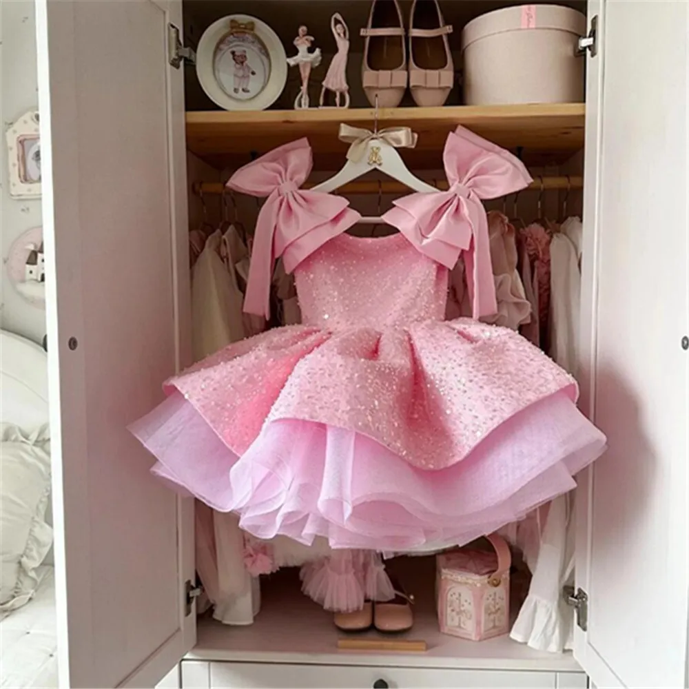 Pink Flower Girl Dresses For Wedding Sequins With Bow Knee Length Cute Princess Birthday Party First Communion Gown flower girl dresses