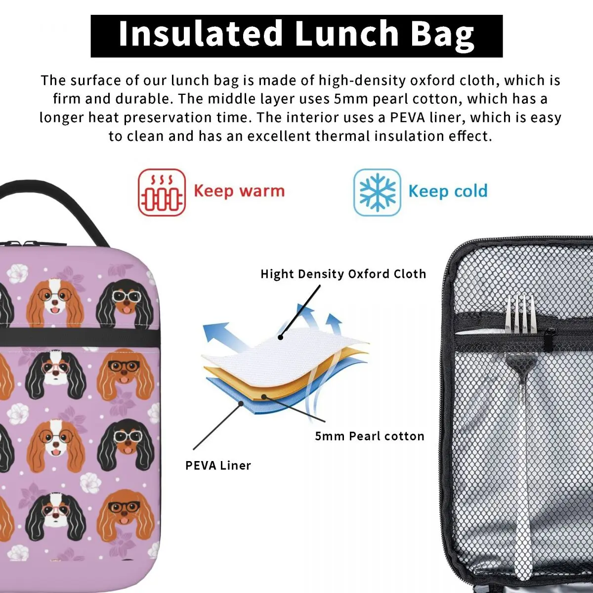 Cavalier King Charles Spaniel With Glasses Resuable Lunch Box Multifunction Dog Thermal Cooler Food Insulated Lunch Bag Kids