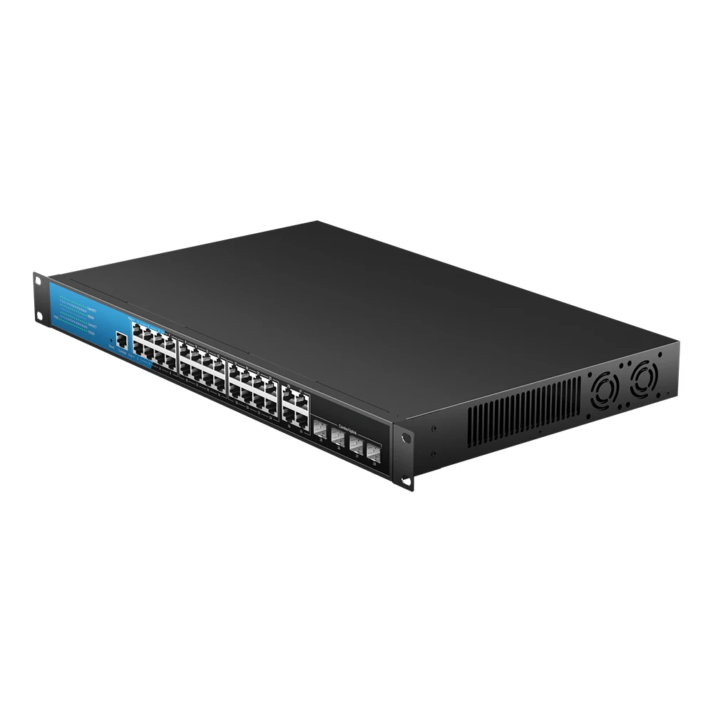 불스컴 24포트 관리형 PoE++ 스위치 (4개 기가비트 업링크, L3 QoS, 802.3at/bt, 370W 예산 지원)