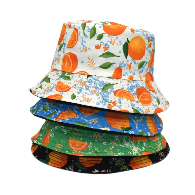 yellow bucket hat Fashion Women's New Orange Print Bucket Hat Outdoor Travel Vacation Sunshade Fisherman Hat Four Seasons Four Colors 56-58cm straw bucket hat womens