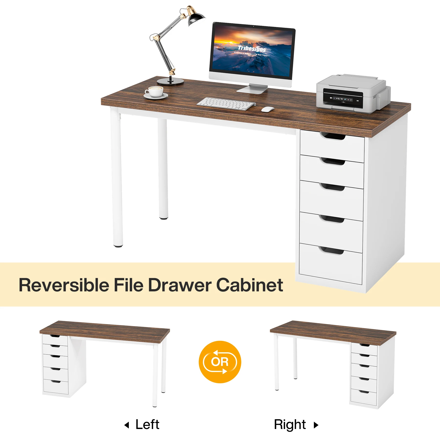 Tribesigns Computer Desk with 5 Drawers, 47 inches Rustic Brown Home Office Desk with Storage, Modern Simple Laptop Desk Study W 6