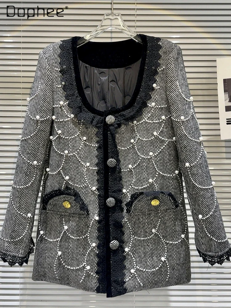 Elegant Pearl Chain Down Feather Liner Thickened Coats 2023 Winter New Women Long Sleeve Gray Woolen Mid-length Trench Coat