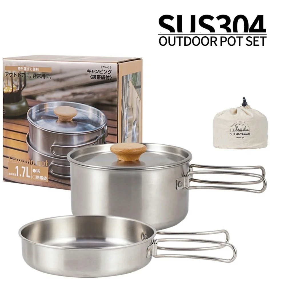 Camping Pot Set Portable Camping Pan Stainless Steel Foldable Handle with Storage Bag Travel Tableware Picnic Equipment