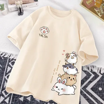 Japanese Cute Hamster Style Sweet Print Daily Wear Short Sleeve T-shirt Women's Loose Casual Teenage Student Half Sleeve Top 1