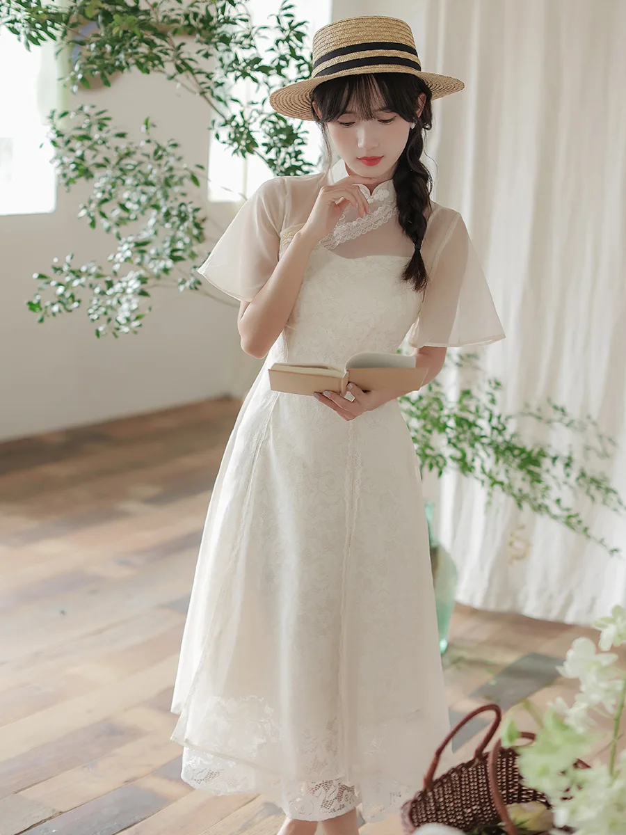 

New Chinese Style Improved Daily Cheongsam Stand Collar Dress Woman Lace Embroidery 2023 Summer New Suit Dresses Woman