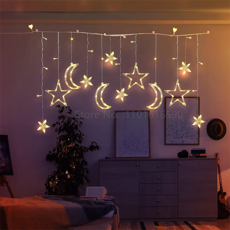 Star and Moon String Lights 138 Inch LED Curtain Light for Bedroom Decor USB Powered Light with Remote Control