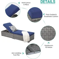 Outdoor Chaise Lounge Chair, Pool Rattan Chaise Lounge Chair with Navy Blue Cushion, Grey PE Wicker, Steel Frame, Set of 2 2