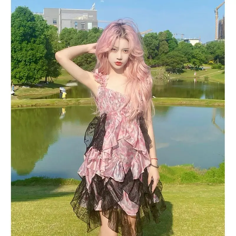 

New Original Japanese Harajuku Cool Girl Fashion Pink Lace Splicing Dress Female Lolita Temperament Slim Sweet Kawaii Dress