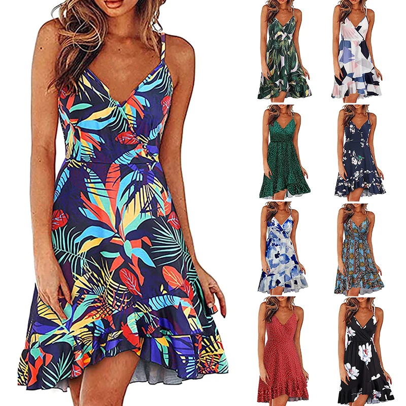 

Summer Print Sleeveless Dress Casual V-Neck Women Beach Party Entertainment Daily Suspender Wear Ladies Beach Tank Dress