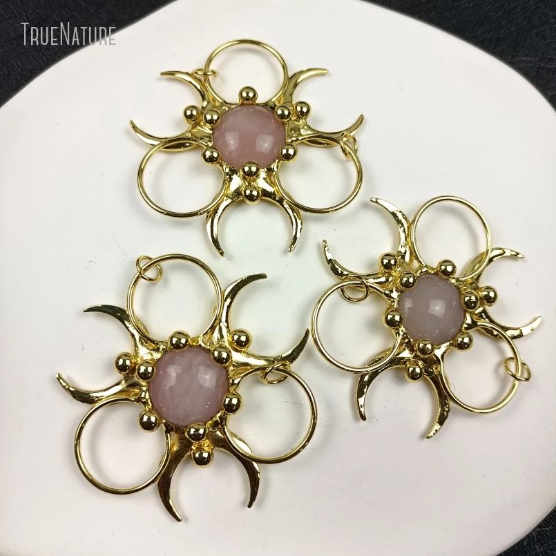 

10Pcs Wholesale Soldered Crescent Moon Biohazard Sign Boho Witch Handmade Jewelry Gold Color Tin Rose Quartzs Crystal Pendant
