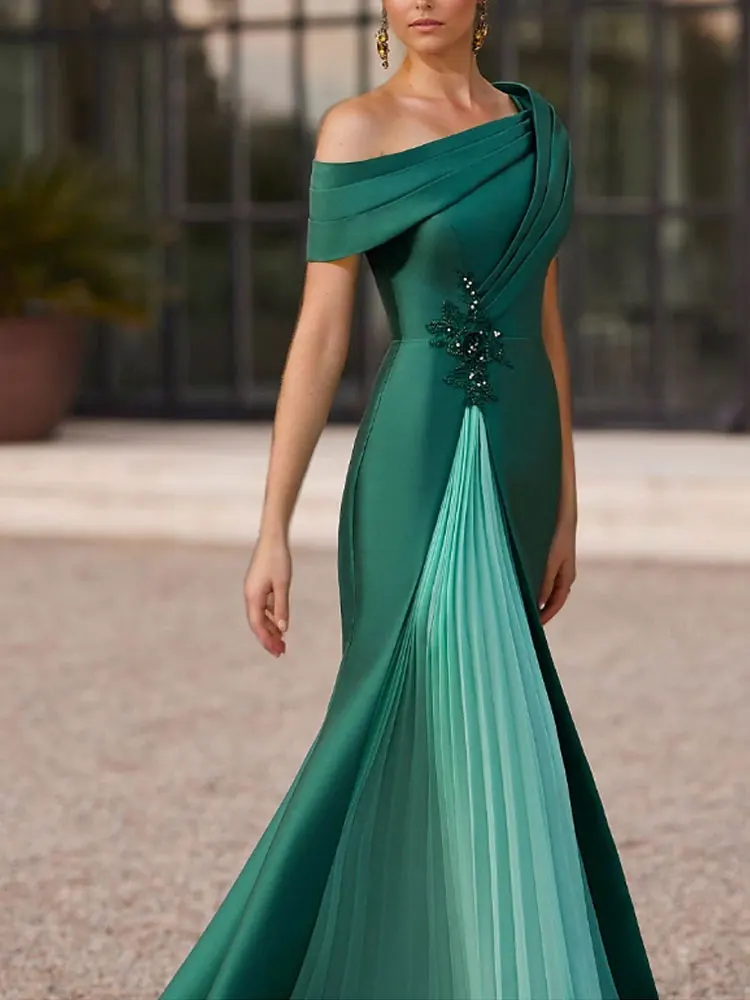 Elegant Dress Evening Gown Wedding Floor Length Short Sleeve One Shoulder Mother Of Bride Dress Satin with Slit Appliques
