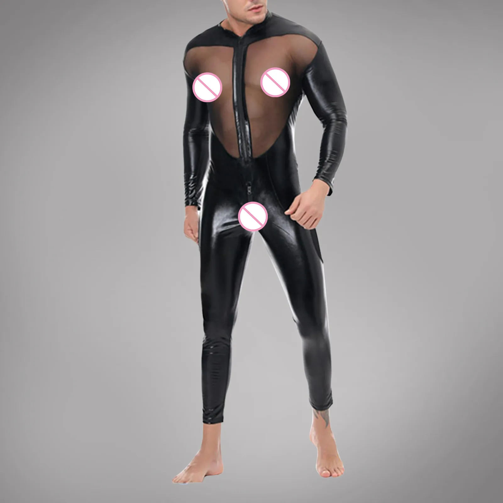 

PU leather Stitching Porno Suit Men Sexy Sleepwear Zipper Tight Mesh Patchwork Jumpsuit Sexy Clothing Bodysuit Bodycon Brief