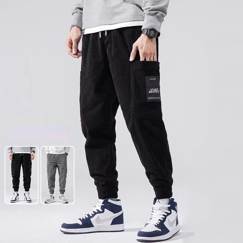 New Men Corduroy Sweatpants Hip Hop Joggers Streetwear Casual Sports Trousers Training Workout Fitness Big Pockets Cargo Pants
