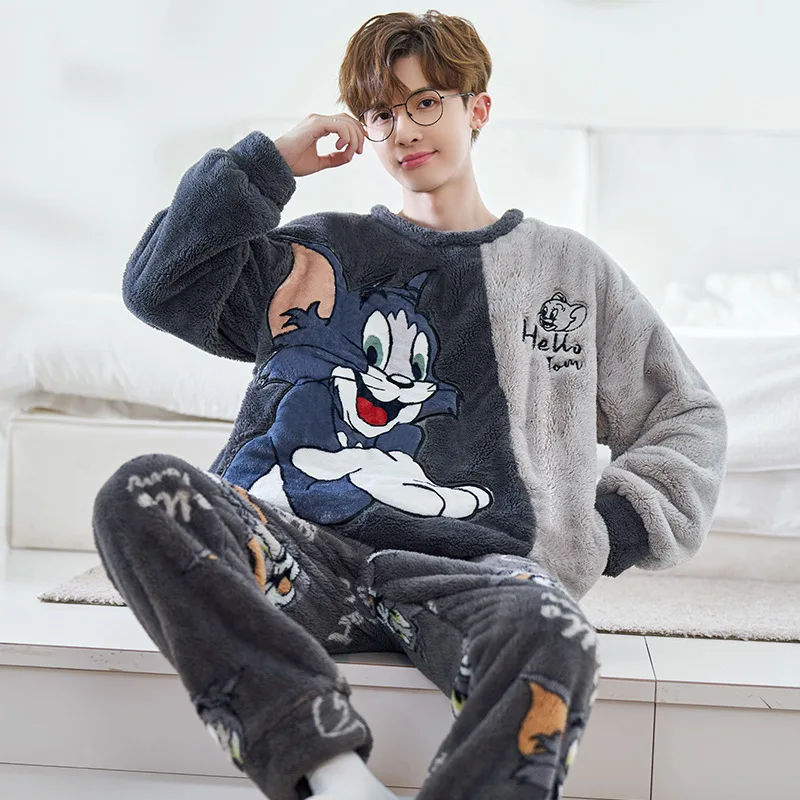 Winter Men's Coral Velvet Thickened Plush Warm Pajamas Round Neck Long Sleeve Pullover Cartoon Flannel Home Clothing Set