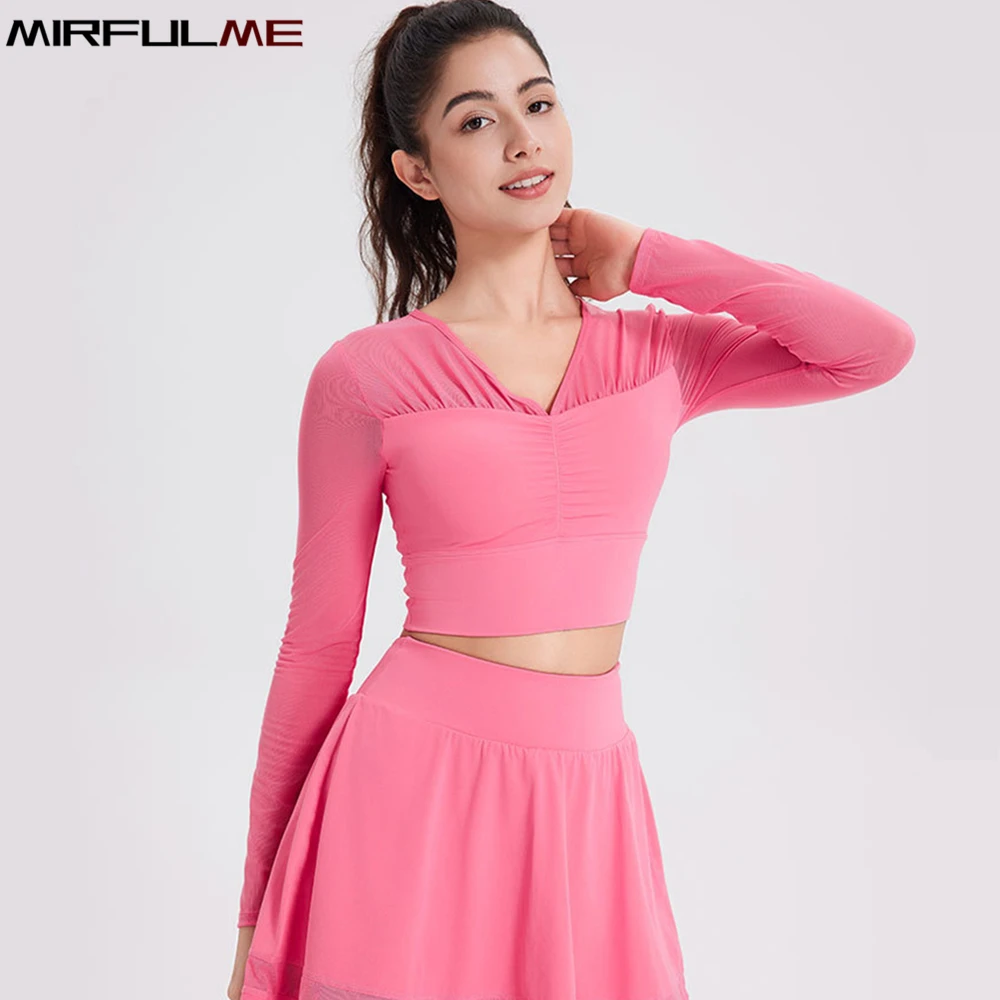 

Women Long Sleeve Yoga Sport Shirts Mesh Breathable Running Sweatshirts Padded Workout Shirt V-Neck Slim Gym Fitness Tops Female