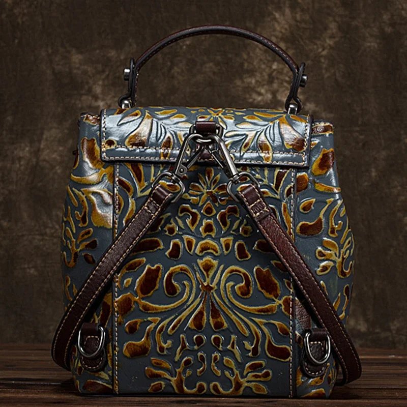 Embossed Genuine Leather Backpack Knapsack Cross body Bags Female Small Daypack Retro Women Shoulder Bag Design Rucksack 5